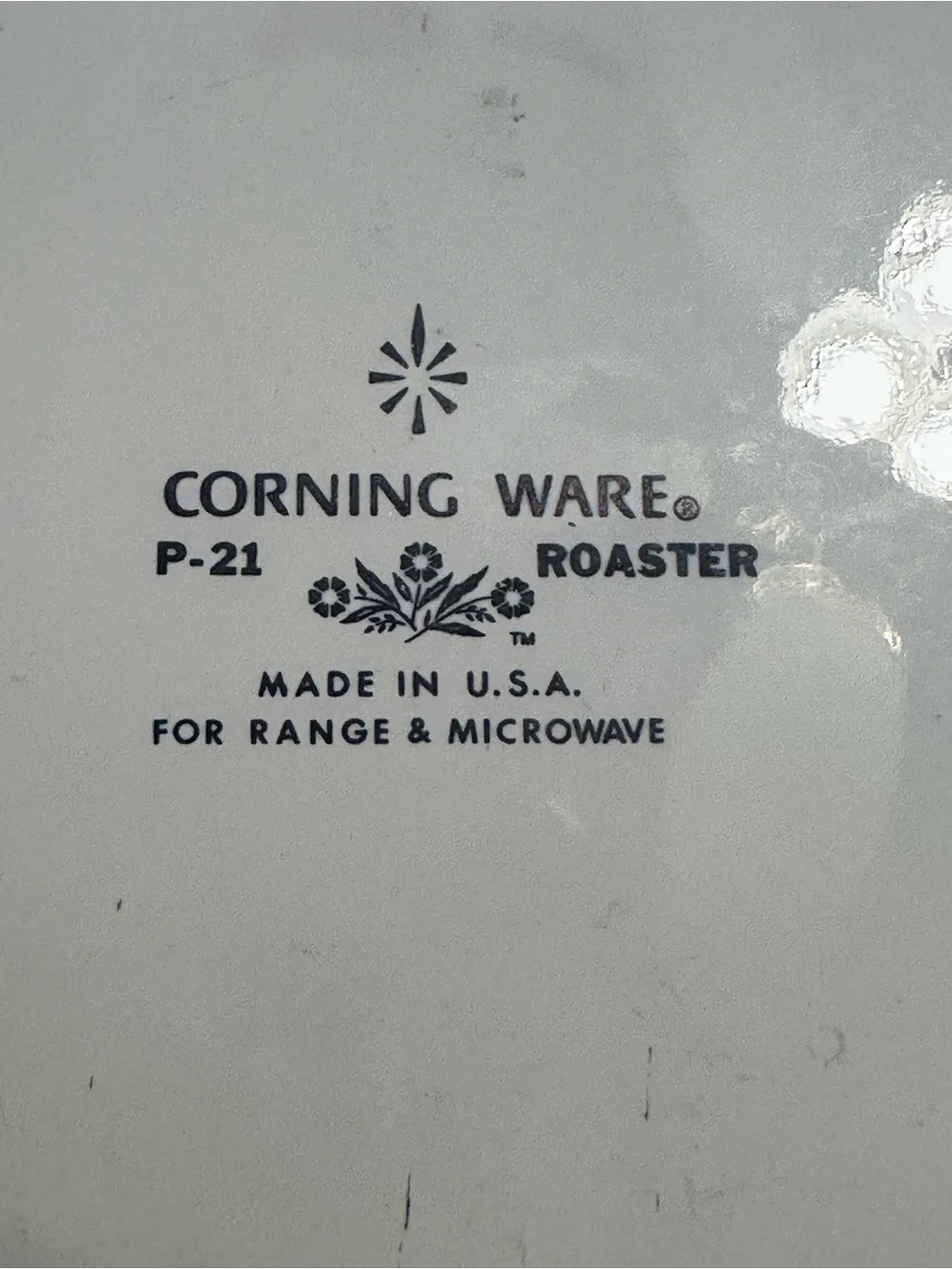 Corningware White Roaster with Blue Logo and Floral Mark
